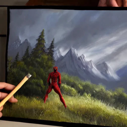 Image similar to a closeup photorealistic photograph of bob ross working on a canvas painting of spiderman. film still. brightly lit scene. mountains and trees. this 4 k hd image is trending on artstation, featured on behance, well - rendered, extra crisp, features intricate detail, epic composition and the style of unreal engine.