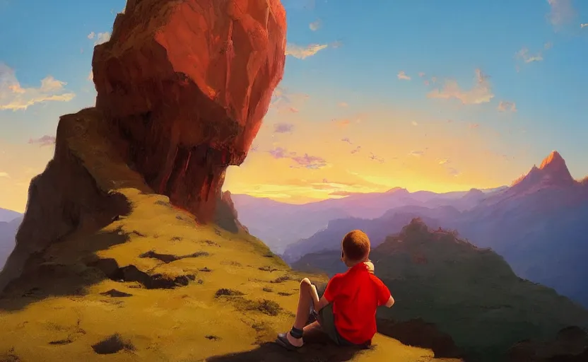 Prompt: A kid wearing a red shirt sitting on a cliff and looking at the scenery, sunset, beautiful mountains, oil painting by Frank Frazetta, digital art, WLOP, artstation, Mandy Jurgens