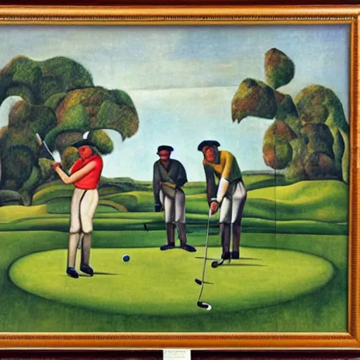 Image similar to Three golfers on a beautiful golf course, by Diego Rivera