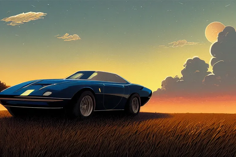 Prompt: hyperdetailed dark sky, grassy plain, sunset, hyperdetailed 1 9 6 7 ferrari, smooth, digital painting, artstation, by lois van baarle, studio ghibli, alejandro burdisio