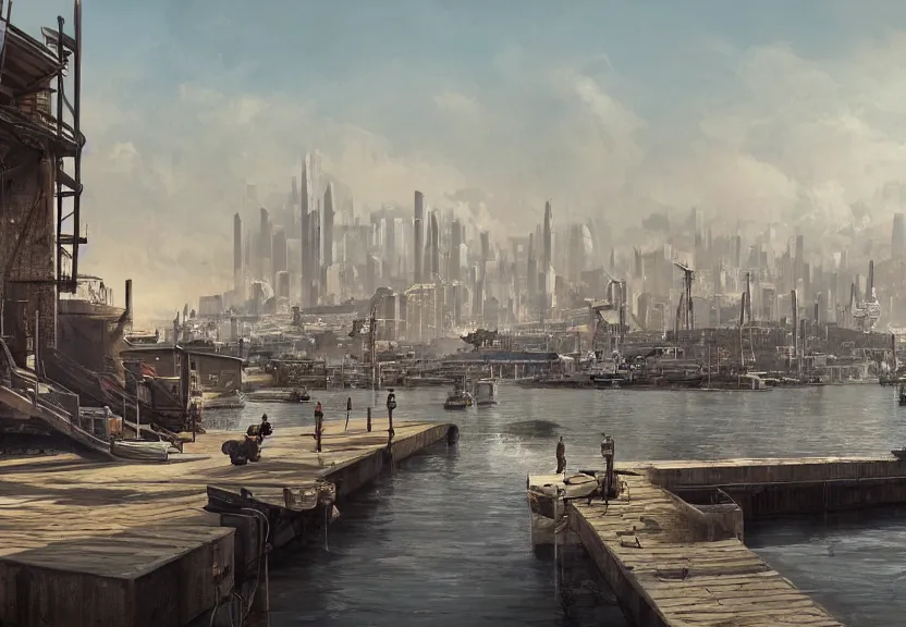 Image similar to a modern harbor with a concrete dock and a storage facility, european city skyline, summer season, very hot, dry desert, large sun in sky, architecture, a realistic digital painting by greg rutkowski and james gurney, trending on artstation, highly detailed