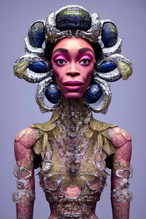 Image similar to a highly detailed medium shot 8 k render portrait of an alien goddess winnie harlow in iris van herpen dress schiaparelli in diamonds and jewelry in style of alphonse mucha trending on artstation made in unreal engine 4