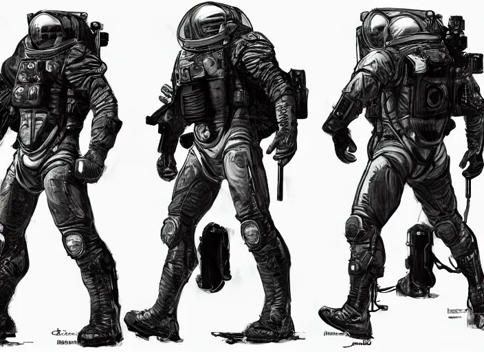 Image similar to front and back character view of Astronaut from Metal Gear Solid by Donato Giancola, Trending on artstation and pixiv concept art and sheet