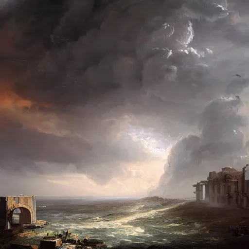 Prompt: Panorama view of a hurricane lifting the ruins of a bastion into the sky, flying island, oil painting, by Greg Rutkowski