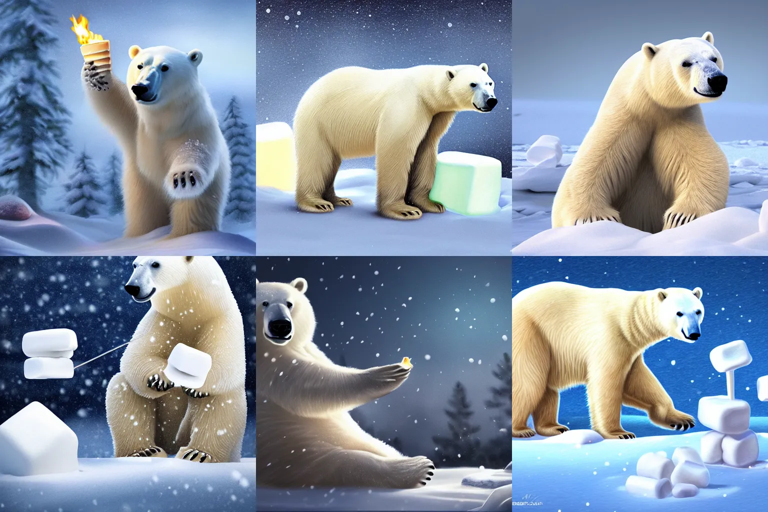 Image similar to A polar bear enjoying some marshmallows in a blizzard. Award-winning digital art, 4k, trending on ArtStation, f/4