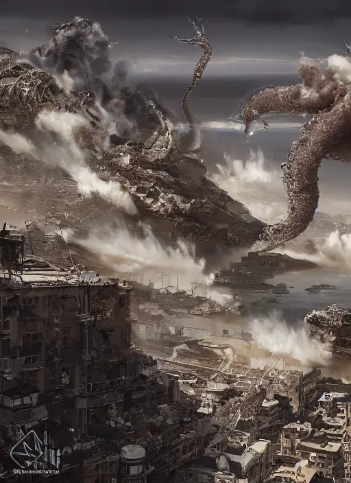 Image similar to hyper realistic squid robot attacking cape town city, table mountain explosions, atmospheric beautiful details, strong composition drawn in ink by kim jung giu weta studio rutkowski, james gurney and greg rutkowski, and lucasfilm