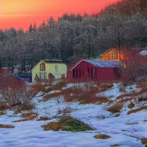 Image similar to overgrown norwegian village at the coast, sunset, arctic, beautiful, impressionist art