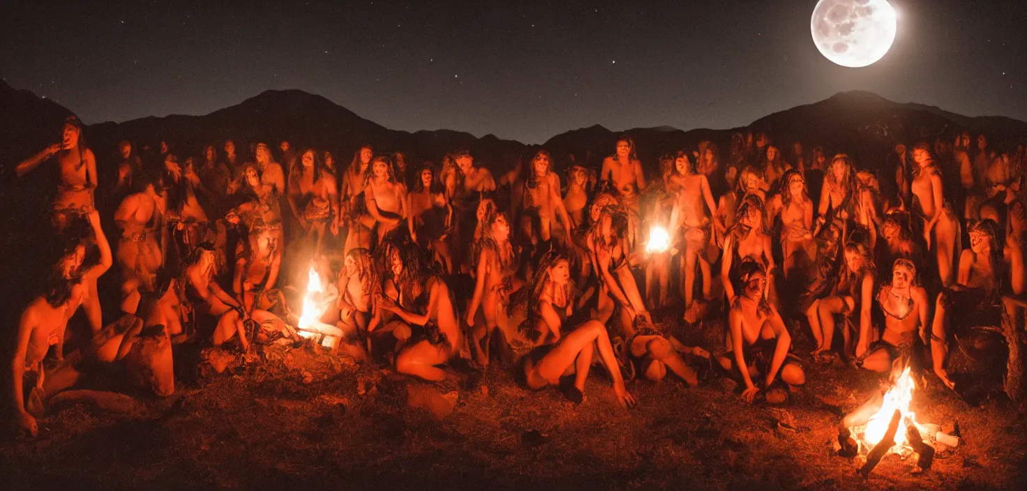 Prompt: a very high resolution historical image. a giant full moon in the mountains while young women writhe in their bonds in the firelight as the satanic ritual continues, 2 4 mm, photorealistic, photography, night directed by wes anderson