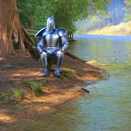 Image similar to knight sat by a river, epic