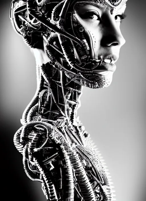 Image similar to a stunning young female cyborg profile face, face is made intricate tribal bio - mechanical, editorial photography, bw, shot on 7 0 mm, depth of field, f / 2. 8, high contrast, 1 6 k, rays of shimmering light, volumetric lighting, shiny, insanely detailed and intricate, hypermaximalist, elegant, ornate, hyper realistic, super detailed