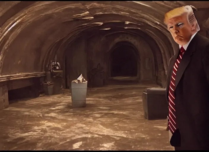 Image similar to screenshot from moody scene of Donald Trump in a lair, scene from the film Batman and Rob 1997 film directed by Joel Shoemacher, kodak film stock, anamorphic lens, 4K, detailed set design, stunning cinematography