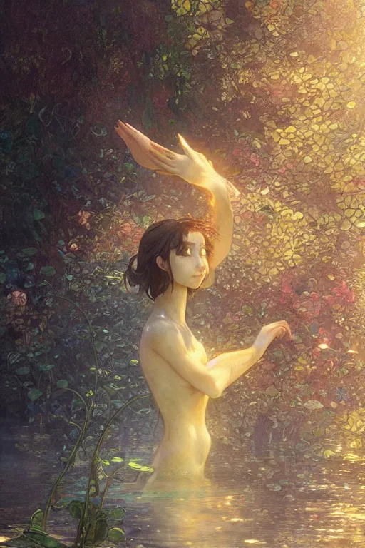 Prompt: a beautiful render of a beautiful female water sprite, water spray,, a beautiful face, perfectly shaded, atmospheric lighting, style of makoto shinkai, raphael lacoste, louis comfort tiffany, artgerm, karol bak, james jean, alphonse maria mucha