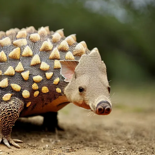 Prompt: an armadillo covered in cheetah spots