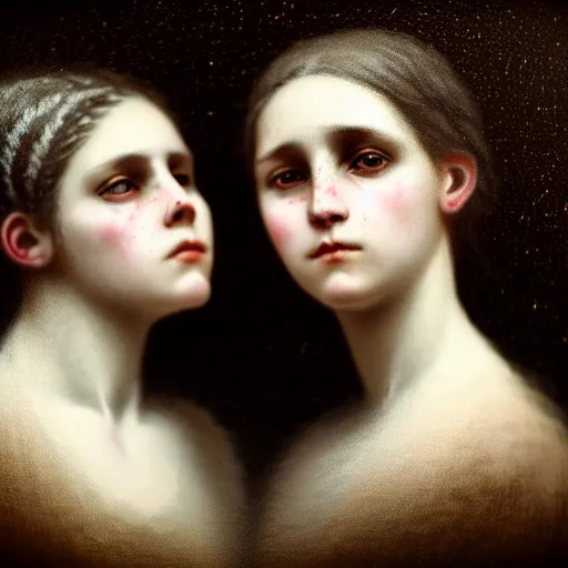 Prompt: a very beautiful full body portrait of sisters by charles amable lenoir, queen of bones, white braids, decaying face, thick black eyeliner, particle simulation, highly detailed, sharp focus, award winning art, soft lighting, trending on artstation