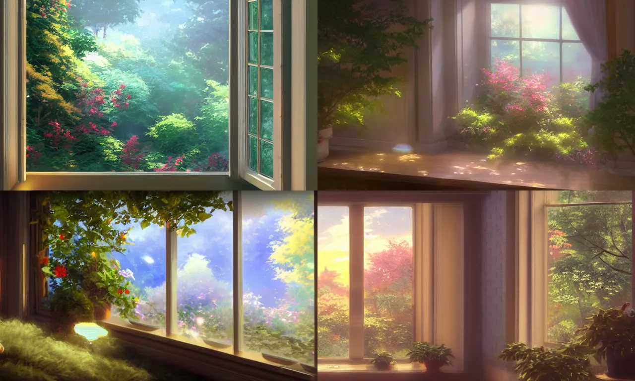 Prompt: Osmanthus outside the sunlit window, artstation by Makoto Shinkai and thomas kinkade, by Makoto Shinkai and thomas kinkade, 4K