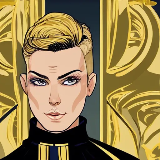 Image similar to character concept art of stoic heroic emotionless handsome blond butch tomboy woman with very short slicked-back hair, in princely white and gold masculine satin uniform with gold cape, science fiction, atompunk, illustration