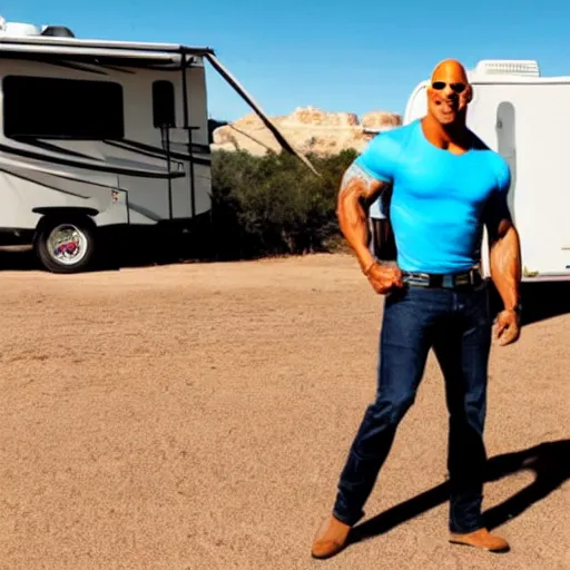 Image similar to dwayne the rock johnson holding a ziplock bag with baby blue meth, desert background, next to an rv, by stephen bliss, gta loading screen