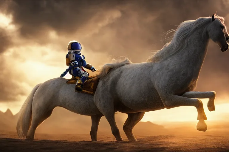 Image similar to a horse on top and an astronaut on bottom, horse is riding on the astronaut, 4 k, ultra details, cinematic, epic style, beautiful photo, hyper realistic, octane render, unreal engine, award winning, on artstation, volumetric lightning, masterpiece, golden hour,