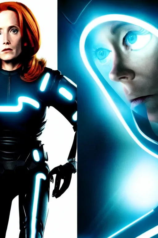 Prompt: dana scully in tron : legacy ( 2 0 1 0 ) and lord of the rings : the two towers ( 2 0 0 2 )