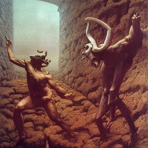Image similar to theseus and minotaur, fighting in the labyrinth, extra detailed, photorealistic, oil painting by beksinski and dore
