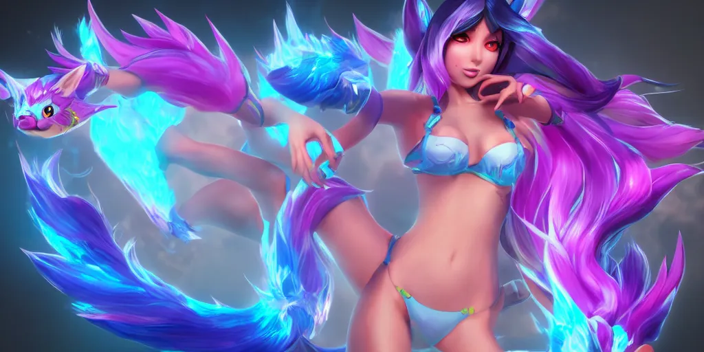 Image similar to Character sheet of gorgeous pool party ahri (League of Legends). 3d octane render trending on artstation