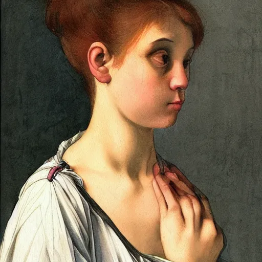 Image similar to colored portrait. a very unique watercolor painting profile, 3 / 4, medium shot. a straight and long nose, and huge prominent eyes. she is looking at the mirror and crying. old photograph. sharp image. academicism, highly detailed, color harmony, art station, ornate, caravaggio style. old photography