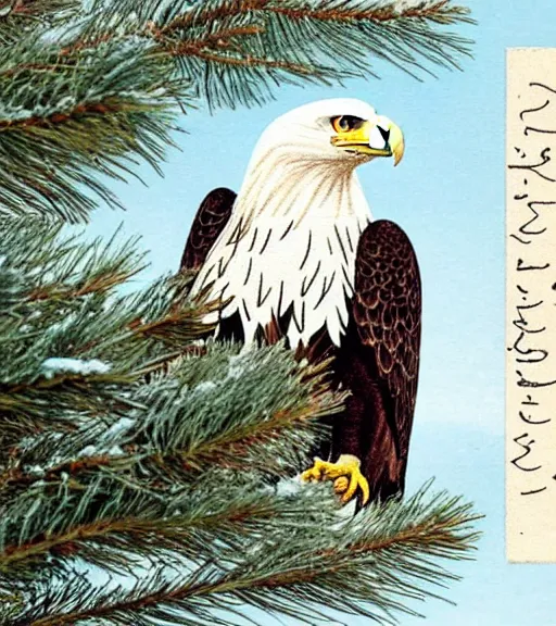 Image similar to damaged postcard of 'an eagle in the nest of a snowy pine tree' laying on table, zoomed out shot