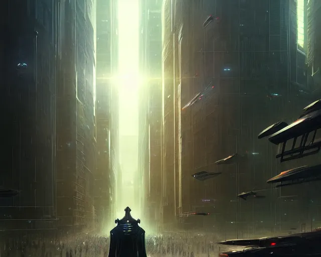 Image similar to great city being watched over by an all-seeing malevolent AI, a sci-fi digital painting by Greg Rutkowski and James Gurney, trending on Artstation, eerily beautiful, highly detailed