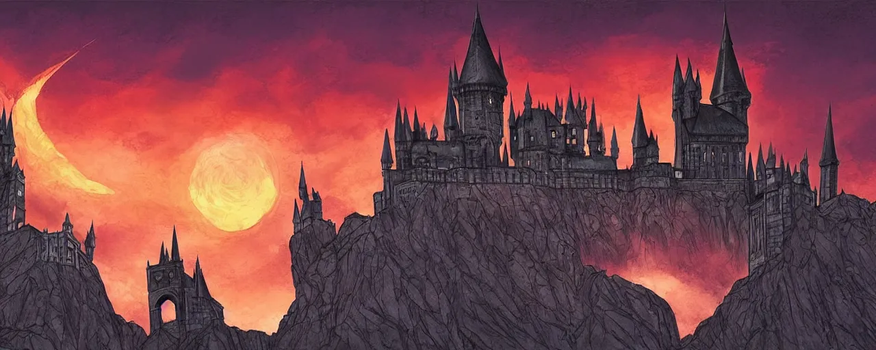 Image similar to Sunset over Hogwarts in Castlevania style, landscape, illustration, fantasy, gothic