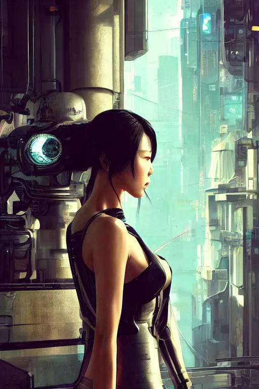 Prompt: Photorealistic illustration, 3/4 view of Korean fashion model with cybernetic neck, cyberpunk 2077, sci-fi, futuristic, intricate, elegant, highly detailed, digital painting, artstation, concept art, smooth, sharp focus, art by artgerm, greg rutkowski and alphonse mucha