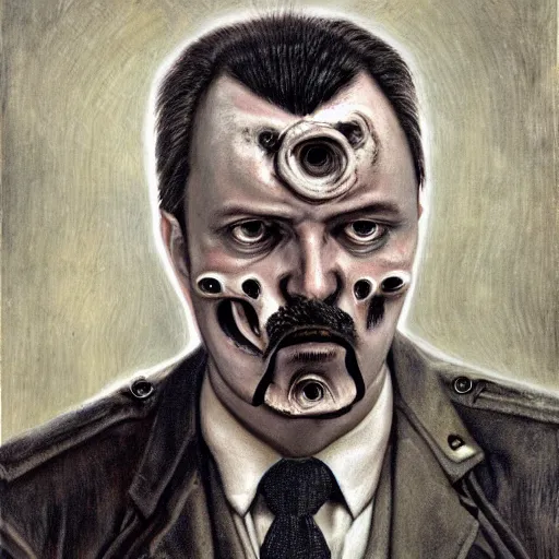Image similar to Portrait by H.R.Giger of Igor Ivanovich Strelkov degraded abomination, photo-realistic, 2K, highly detailed, bioart, bodyhorror