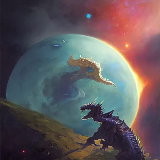 Image similar to Blue scaled dragon devouring an earth like planet in space, sun system, nebula in the background, oil painting, by Fernanda Suarez and Edgar Maxence and Greg Rutkowski