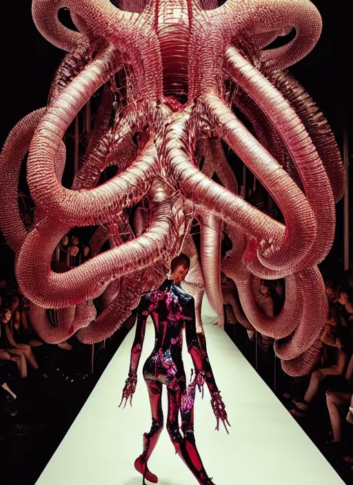 Image similar to walking down the catwalk, steven klein, mert alas and marcus piggott, show, stage, vogue photo, podium, fashion show photo, iris van herpen, beautiful woman, full body shot, masterpiece, inflateble shapes, plant predator, guyver, jellyfish, wires, veins, biomechanical details, colourfull