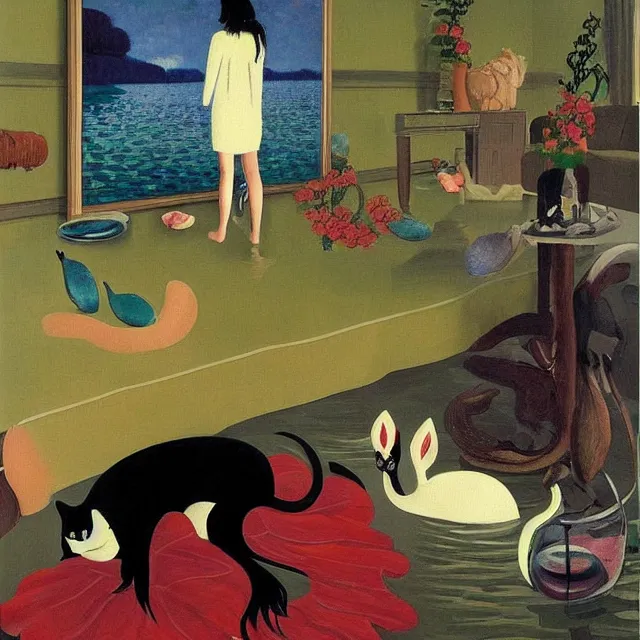 Image similar to emo catgirl artist in her lounge room, painting of flood waters inside an artist's loungeroom, a river flooding indoors, pomegranates, pigs, ikebana, water, octopus, river, rapids, waterfall, black swans, canoe, berries, acrylic on canvas, surrealist, by magritte and monet