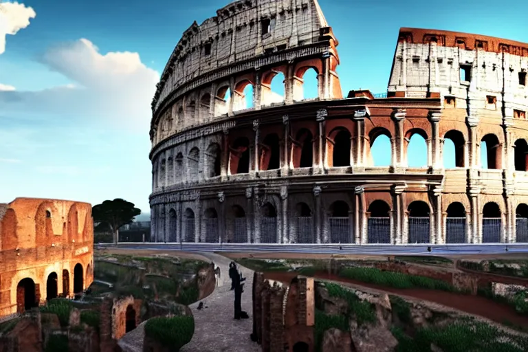 Prompt: a huge gelato on top of the Colosseum, photorealistic, cinematic lighting, high detail, cinematic feel, high octane, 4K, Unreal Engine