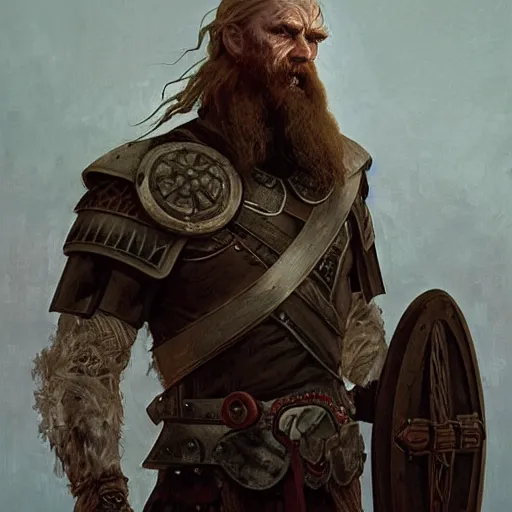 Image similar to rough-skinned, short-bearded undead Viking warrior with ice-pale skin wearing brutalist plate armor with art deco knotwork, by Greg Rutkowski, Brom, and Alphonse Mucha