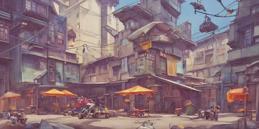 Image similar to overwatch building, stylized, exterior, architecture, in watercolor gouache detailed paintings, insanely detail, artstation, 8 k, futuristic, big medium small, arcane, simon stalenhag, food stall, interesting shapes & form, golden ratio, hard surface, props, lots of decoration and furniture, slums, street, wes anderson