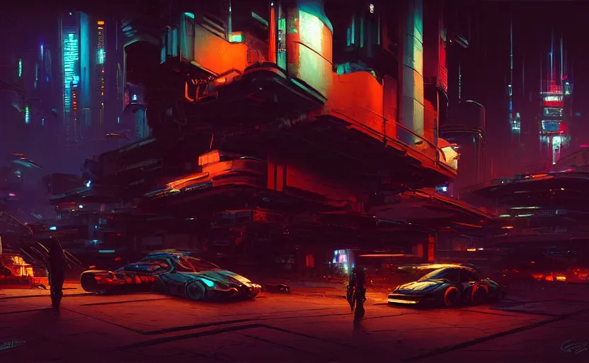 Image similar to a cyberpunk futuristi and cinematic harbour at night by greg ruthkowski and craig mullins