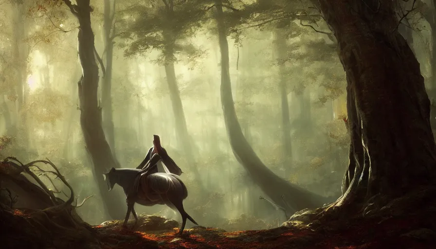 Image similar to A beautiful painting of a the headless horseman wearing a flowing cloak in a magical forest, ray traced sun light, by greg rutkowski and Kalin Popov , Trending on artstation HD.