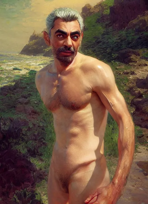 Prompt: detailed cinematic wide shot of muscular attractive young portuguese man ( ( mr. bean ) ) beard slim face symmetrical face tanskin green eyes white hair wearing sea clothes, ultra realistic, spring light, painting by gaston bussiere, craig mullins, j. c. leyendecker