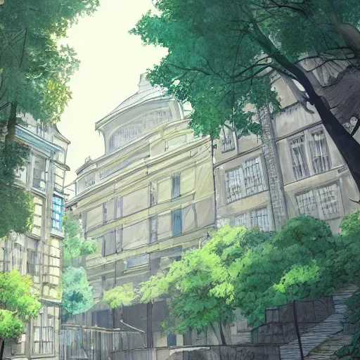 Image similar to Jussieu campus (Sorbonne Université) in the style of studio ghibli, beautiful landscape, intense lighting, 8k, trending on artstation