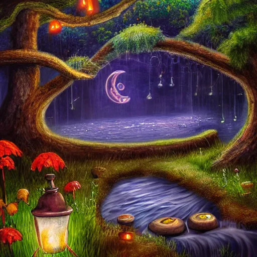Image similar to painting, high detail, woodland village, in the night, fantasy, crescent moon, stone paths, bridge, water stream, luminous, toadstools, fireflies, fantasy,, flowers, lanterns, mist, highly detailed painting, fine lines, 8 k realistic, sharp focus