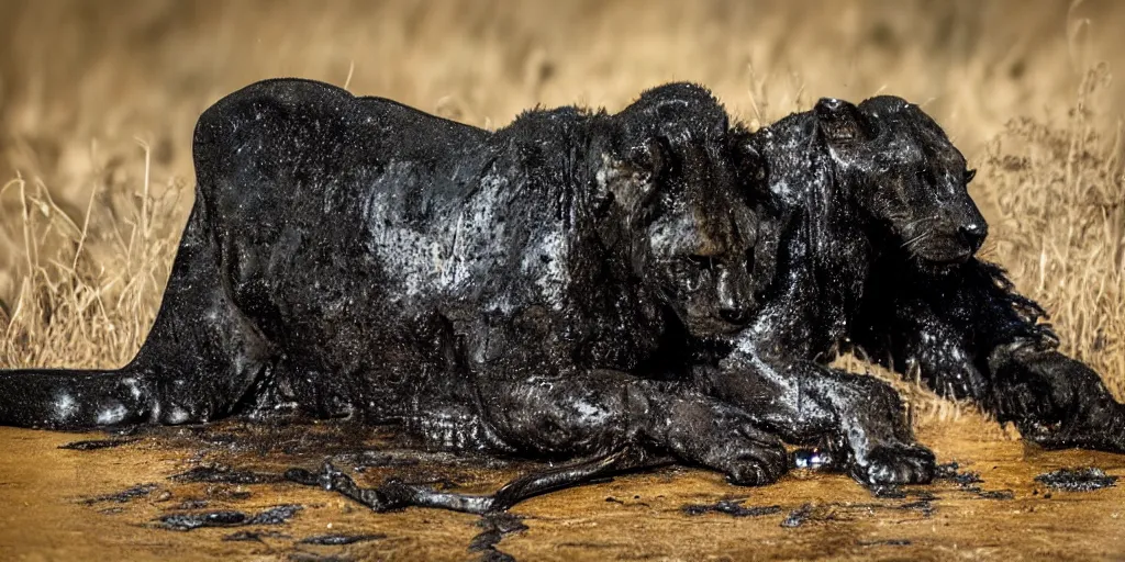 Image similar to a black lioness made of ferrofluid bathing inside the tar pit full of tar, covered with tar. dslr, photography, realism, animal photography, color, savanna, award winning wildlife photography