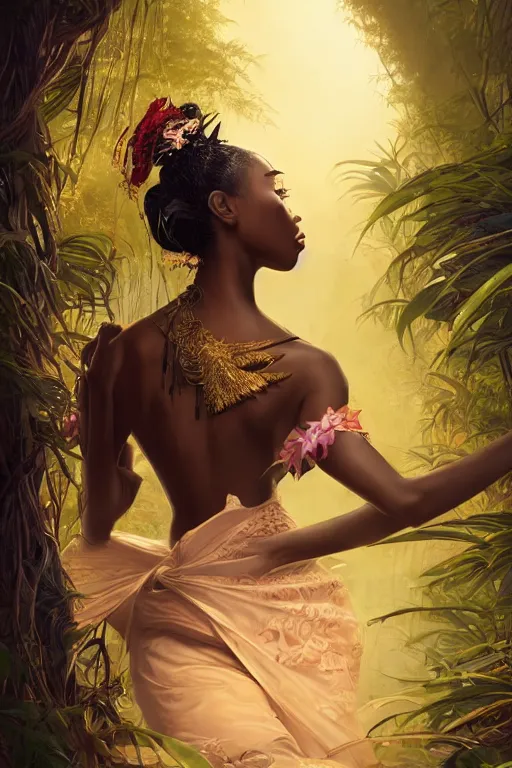 Image similar to stunningly beautiful, nubian geisha prima ballerina in jungle, symmetrical face, golden hour, smooth, focus, highly detailed, hyper realistic, dramatic lighting, elegant, intricate, concept art, art by wlop, mars ravelo, greg rutowski, artstation