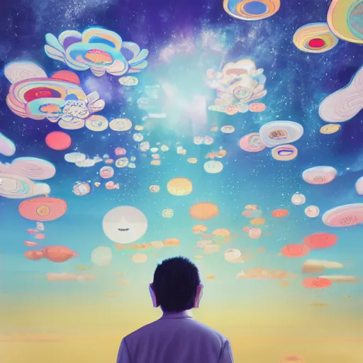 Image similar to a man walking on clouds away from the camera above kyoto by takashi murakami, beeple and james jean, aya takano color style, 4 k, super detailed, modern, 4 k, symmetrical