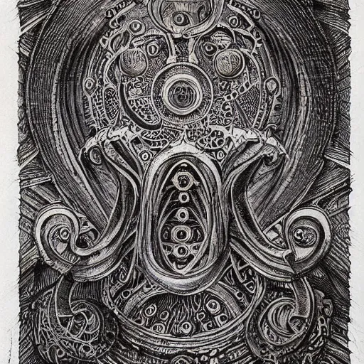 Image similar to an old book with an intricate design on it, a detailed painting by h. p. lovecraft, deviantart, gothic art, lovecraftian, apocalypse art, fractalism