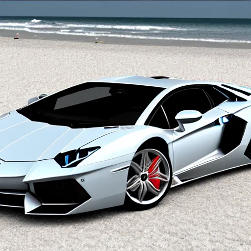 Prompt: A beautiful silver Lamborghini aventador on the beach, 8k, ray tracing