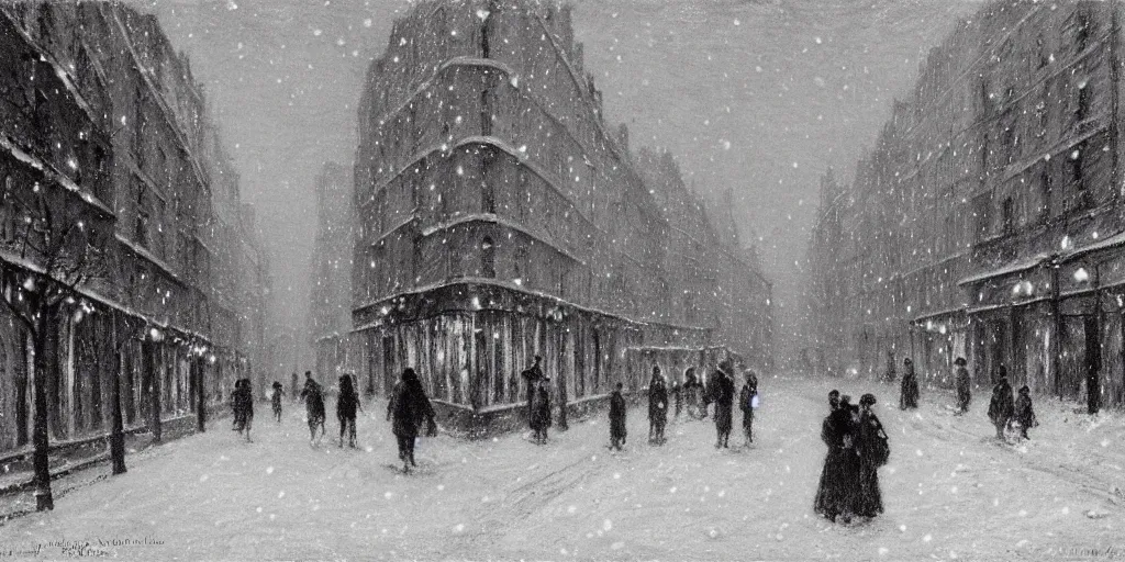 Image similar to an alley in paris in winter, snowing, christmas night, 1 9 1 0