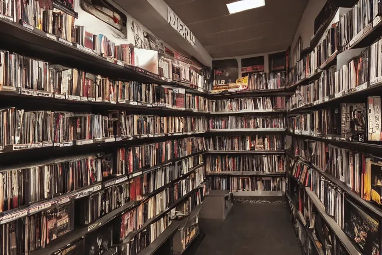 Prompt: Interior design, horror movie inspired vhs rental store, with a lot of posters and movies on the shelves, people trying to choose a good movie, hyper realistic, highly detailed, concept art, low key lighting, high dynamic range, depth of field