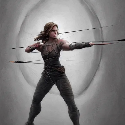 Image similar to portait of a very muscled emma watson archer shooting arrow, front game card, drark, marvel comics, dark, intricate, highly detailed, smooth, artstation, digital illustration by ruan jia and mandy jurgens and artgerm and wayne barlowe and greg rutkowski and zdislav beksinski